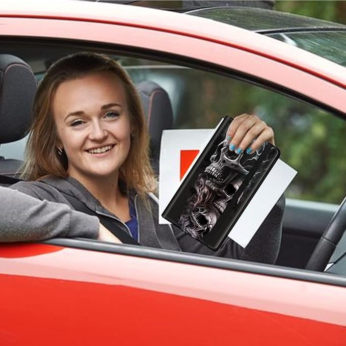 Mxfdegf Car Registration and Insurance Holder, Leather Car Glove Box Organizer, Cool Car Accessories for ID, Driver's License Cards & Essential Document,business cards,Men&Women,Skull/Black