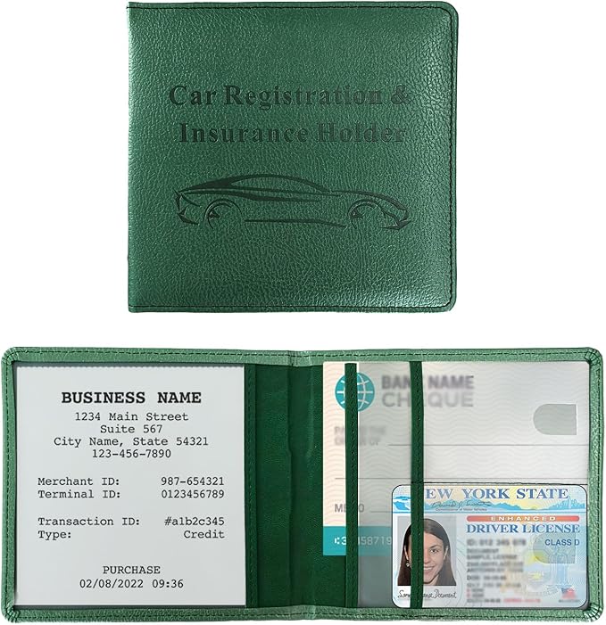 Car Registration and Insurance Holder, Waterproof Auto Glove Box Document Organizer with Magnetic Closure, Leather Car Document Wallet Case for ID Cards Driver License Paperwork (Dark Green)