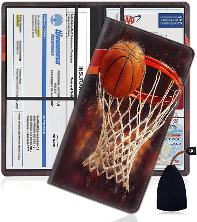 Car Document Holder with Magnetic Shut, Car Registration and Insurance Card Holder, Vehicle Glove Box Organizer Documents, Driver License, Auto Paperwork Organizer Wallet,Basketball Hoop + Basket