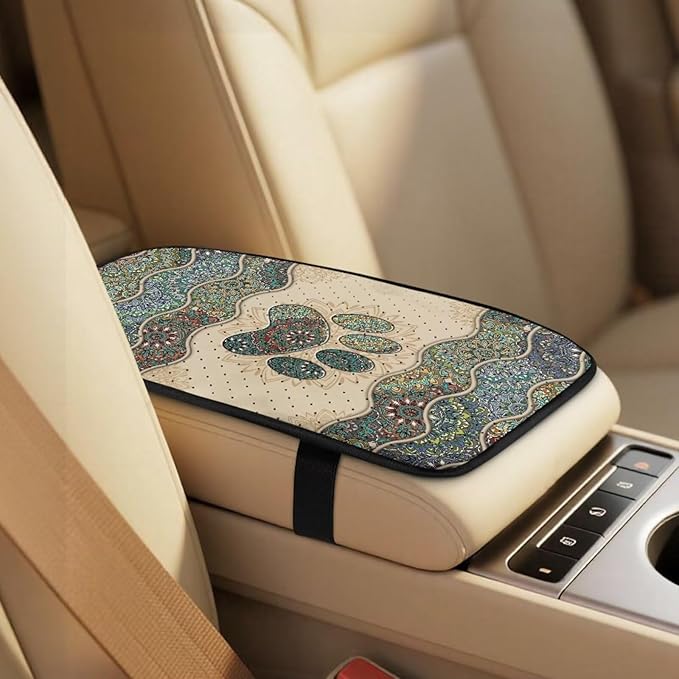 FUSURIRE Boho Paws Print Car Accessories Full Set 5 Pack PU Leather Seat Covers for Cars Seat Belt Cover Armrest Cushion Breathable Auto Interior Accessories for Women Men