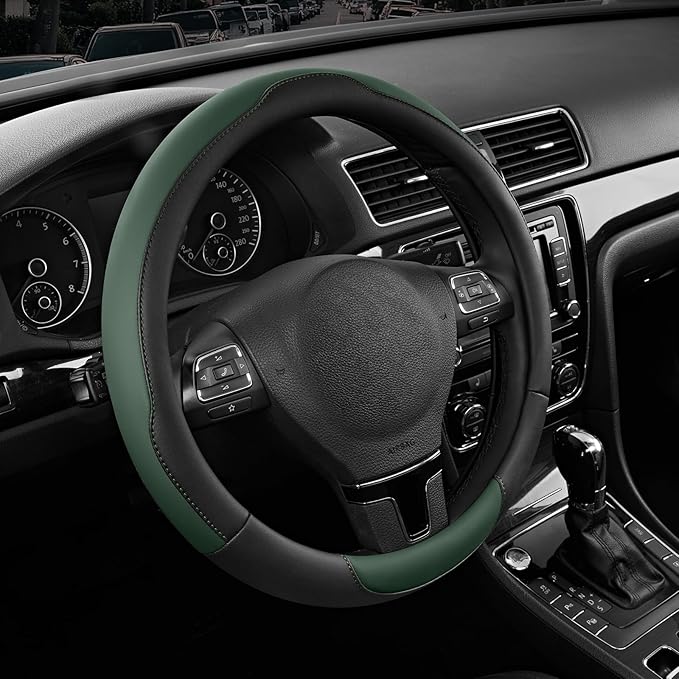Road Comforts Steering Wheel Cover, Breathable Anti-Slip Leather Steering Wheel Cover, Universal Fit 14.5–15 Inch, Comfortable Grip - Green Color