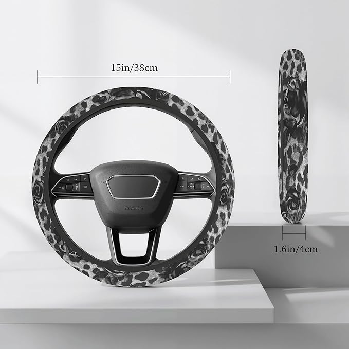 Cute Steering Wheel Cover for Women, Machine Washable Universal 14.5-15.5 inch Non-Slip Grip All Weather Use (Black Leopard Rose)
