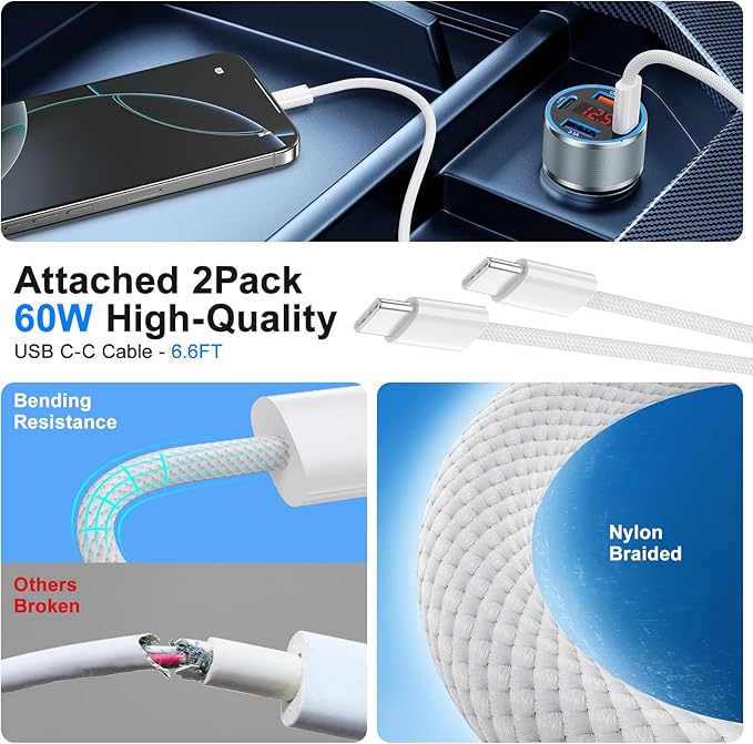 iPhone Fast Car Charger, 65W 4-Port USB C Car Phone Charger Adapter with 2x6FT USB C Cable,Multiport Cigarette Lighter USB Charger with Voltage Display for iPhone 17 16 15 Pro Max,iPad,Samsung,Android