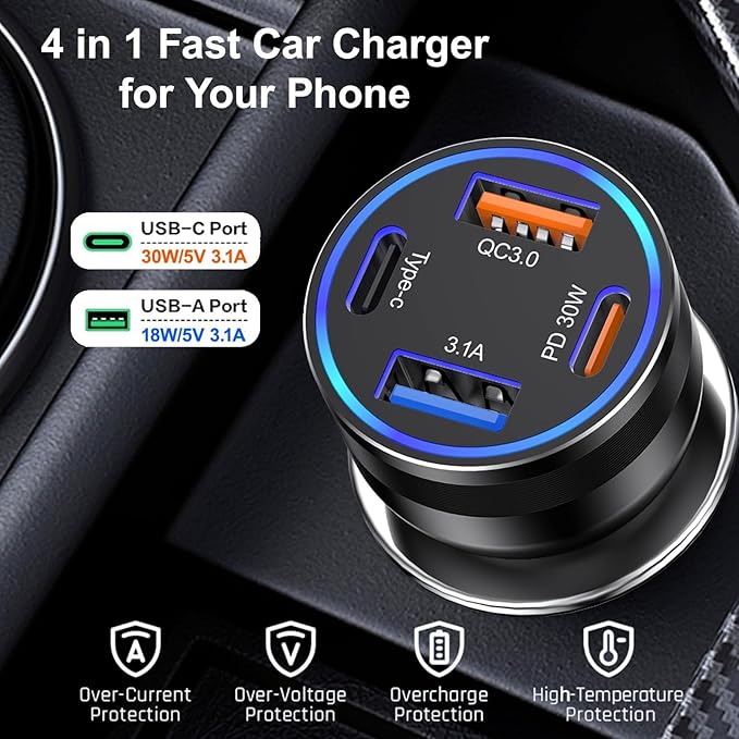 Car Charger USB C, 2Pack 4-Port 65W Cigarette Lighter USB Charger Fast Charging,Dual USB-C & USB-A Car Phone Charger Adapter Accessories for iPhone 17 16 15 14 13 Pro Max,iPad,Samsung,Tablet,Android