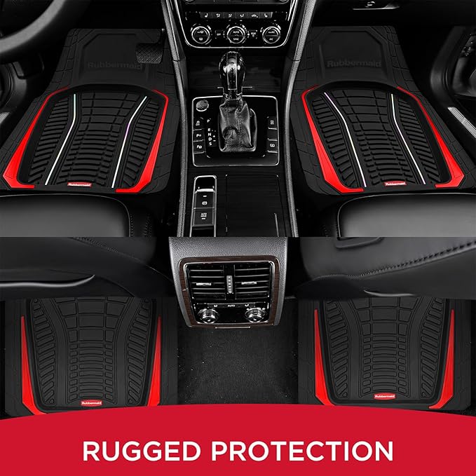 Rubbermaid Car Floor Mats Full Set – Premium All-Weather Car Mat with Brushed Aluminum Inserts, Universal Trim-to-Fit Design, Anti-Slip Backing for Cars, SUVs, Trucks, and Vans