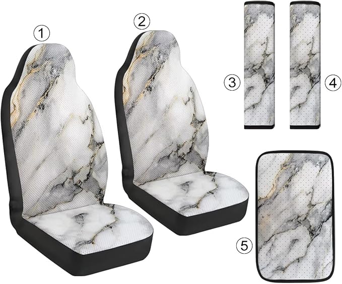 Psesaysky White Marble 2PCS Leather Car Seat Covers for Front Seats + 2 Seat Belt Covers + 1 Armrest Cover, Universal Fit for Cars Trucks SUVs (5PCS Full Set)