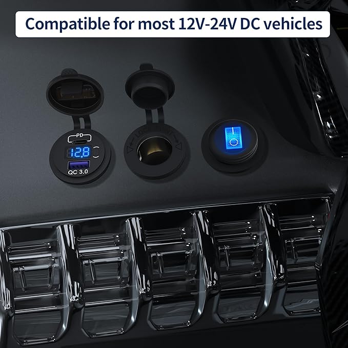 DaierTek 12V USB C Car Charger Socket 3-Pack - 48W PD & QC 3.0 Fast Charging Dual USB Outlet with Voltmeter & ON/Off Switch, Waterproof 12V Charging Port for Car, Marine, Boat, Golf Cart