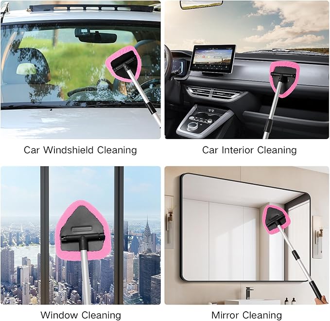 10pcs Windshield Cleaner Tool, Car Window Cleaning Wash Kit with 4 Reusable Microfiber Pads 1 Spray Bottle and Extendable Handle Auto Glass Wiper Kit, Pink