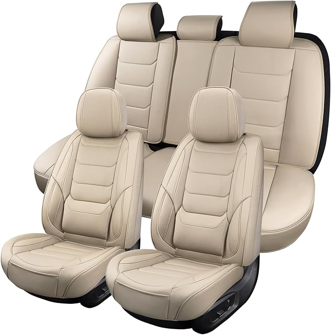 hoozoom Leather Car Seat Covers Full Set Breathable Automotive Seat Covers Waterproof Seat Protectors Universal Fit for Most Automotive Cars SUV Trucks(Beige, Full Set)