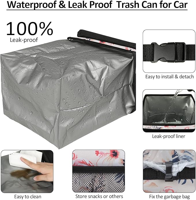 ELONGRIVER Car Trash Can Bin for Back Seat Leak Proof, Cute Car Trash Bag Hanging, Vehicle Trash Can for SUV Truck Van, Automotive Garbage Cans Front Seat Flamingos, 2 Gallons