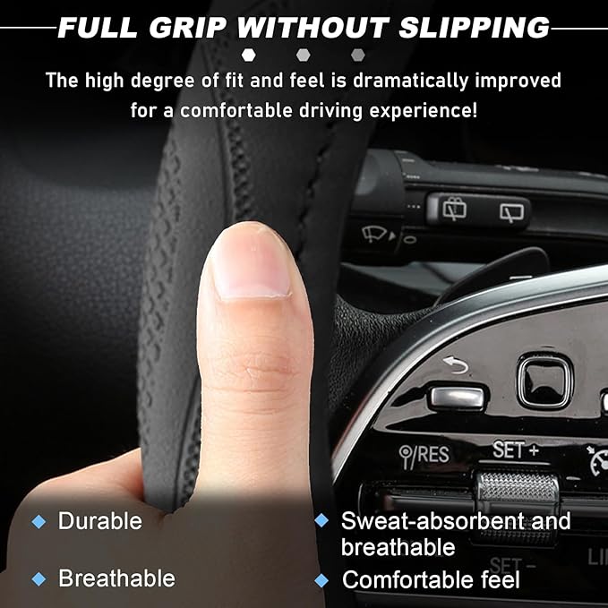 15 Inch Leather Steering Wheel Cover, Breathable Anti-Slip Steering Wheel Protector Cover, Elastic Soft Comfortable Universal Wheel Cover for Men and Women, Car Accessories (Black)