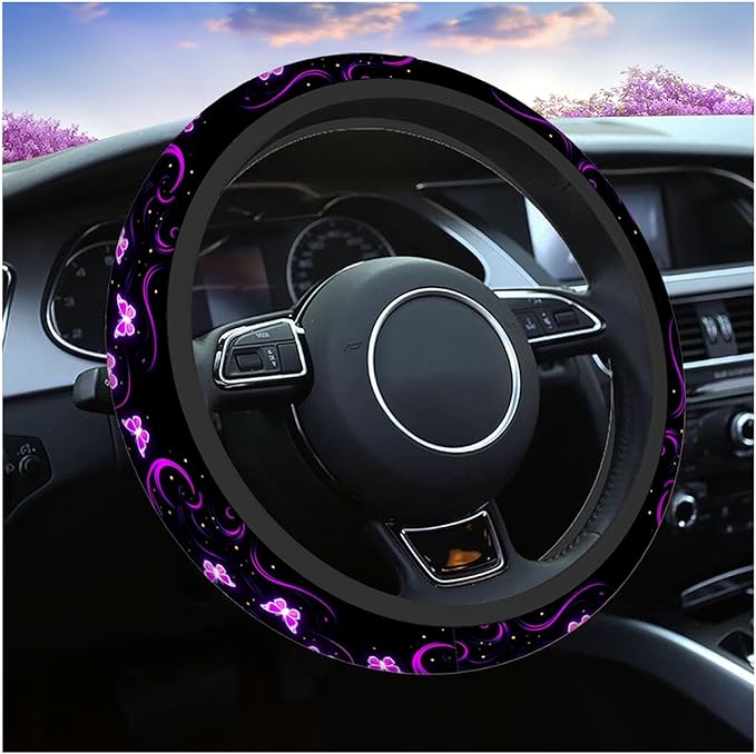 Swono Butterfly Purple Steering Wheel Cover for Men Women Abstract Purple Butterfly and Flower On The Black Universal 15 Inch Auto Neoprene Case Anti-Slip Car Wheel Protector