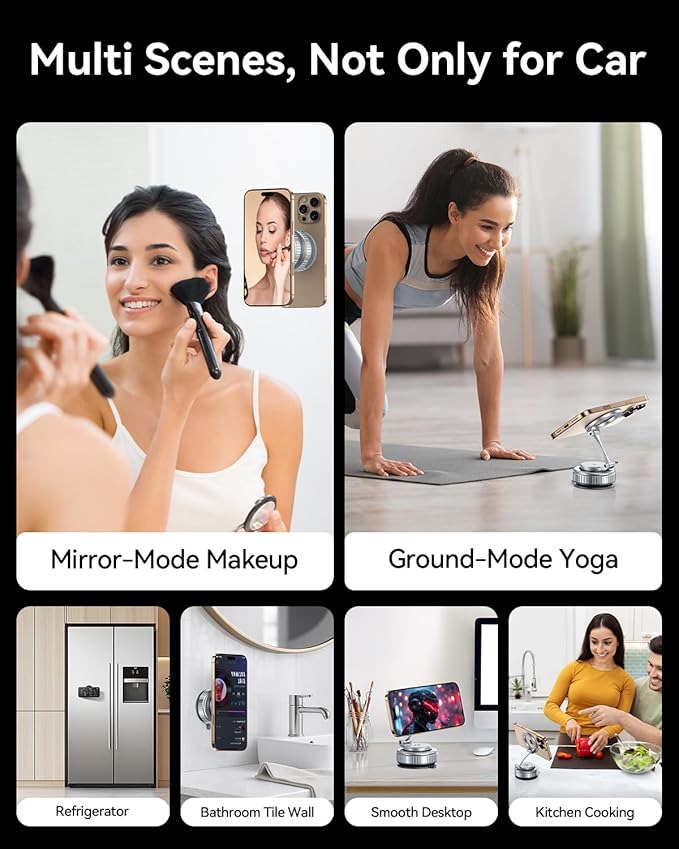 Haassue 2026 Upgraded Vacuum Magnetic Car Phone Holder [89+LBS Suction/2800gf Magnet], Suction Cup Phone Mount, Ultra-Strong Magnetic Stand for Car/Mirror/Gym/Kitchen/iPhone17 16 15 14 13 12, Silver
