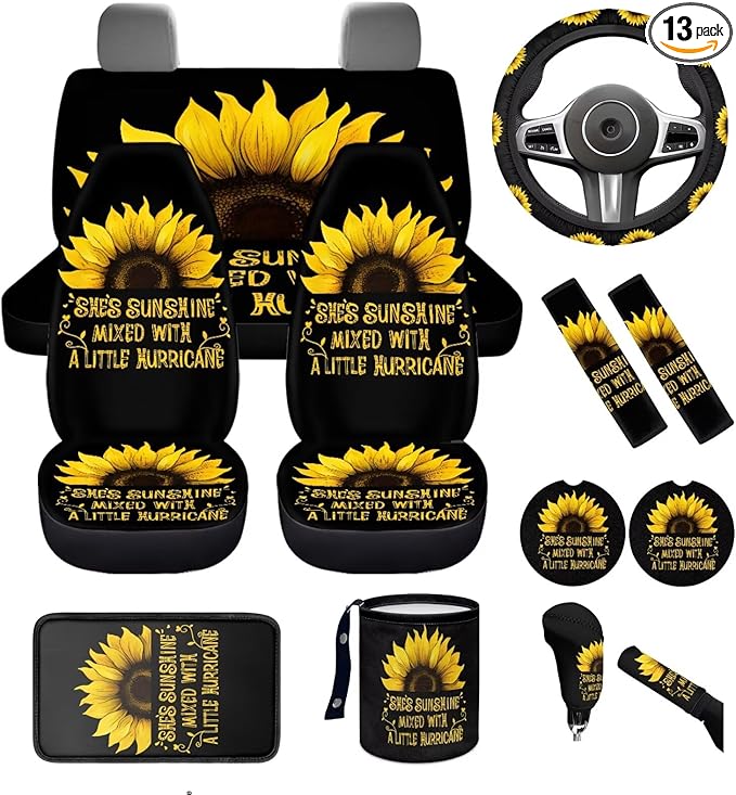 Dngkaoje Sunflower Car Seat Cover Set 13 Pack She's Sunshine Sunflower Auto Front Rear Seat Protector Full Set Universal Car Accessories with Seatbelt Shoulder Pads,Steering Wheel Covers,Garbage Bin