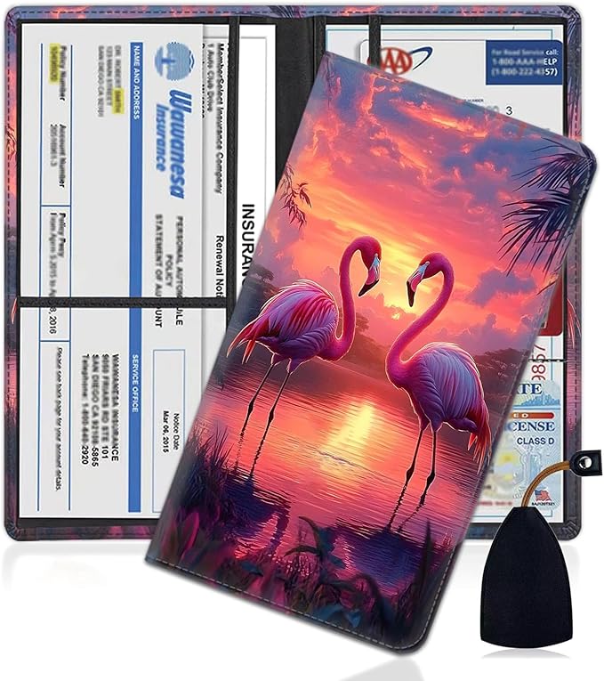 Car Registration Holder, PU Leather Vehicle Glove Box Organizer for Driver License, Document, Car Insurance Holder with Magnetic Shut, Auto Paperwork Wallet Case Accessories, Pink Flamingos Pattern