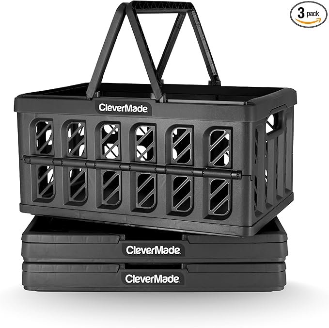 CleverMade Collapsible Shopping Basket, Obsidian, 3PK - 24L (6 Gal) Reusable Plastic Grocery Shopping Baskets, Holds 25lbs Per Basket - Small Foldable Storage Crates with Handles