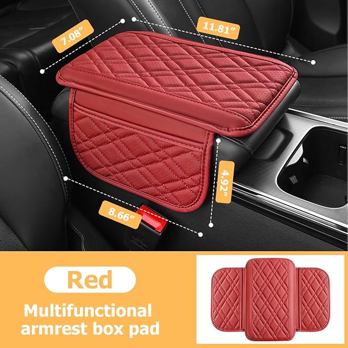 Car Center Console Cover, Leather Vehicle Armrest Cushion Pad with 2 Storage Bags, Comfortbale Automotive Interior Middle Seat Box Protector Accessories, Universal Fit (Red)
