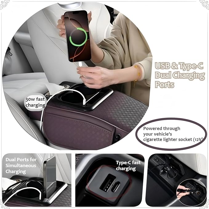 2026 Upgraded Car Center Console Cushion with 30w USB& Type-C Charging Ports, Leather Car Armrest Pad Cover, Interior Accessories for Most Vehicles (Ergonomic Sloped Version, Grey)