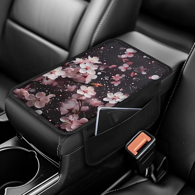 Dreaweet Center Console Cover Pink Cherry Blossom Car Accessories for Women Interior Cute Armrest Cover Cushion with Side Pockets,Soft Washable Car Arm Rest Cover Pad for Truck SUV
