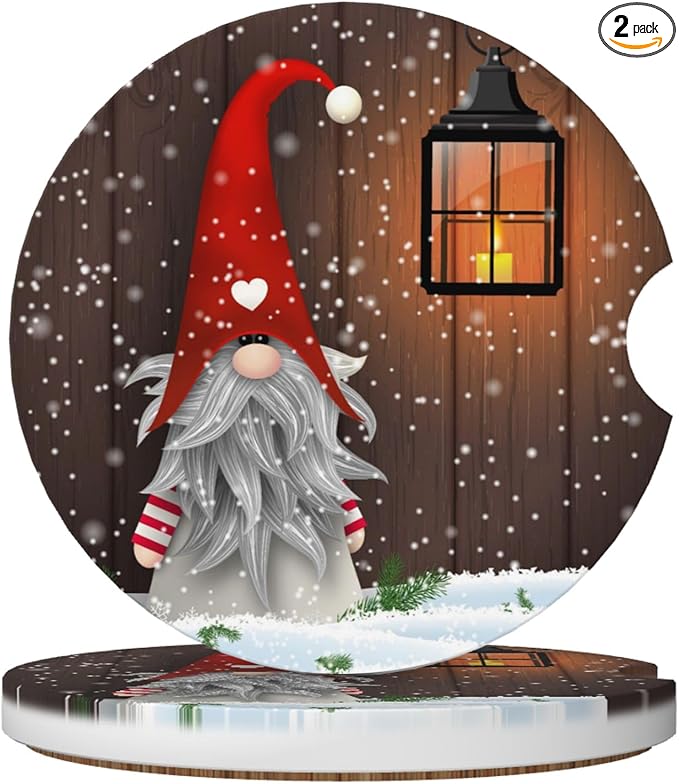 HUWAAI New Year Dwarf Christmas Car Cup Holder Coasters 2 Pack Universal 2.63 Inch Anti Slip Ceramic Absorbent Coaster with Cork Base and Finger Notch Cute Car Accessories Interior for Women