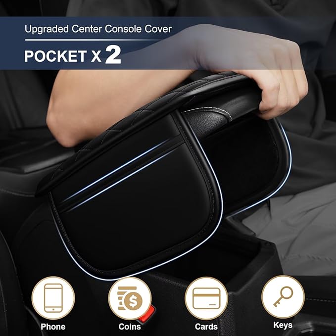 YORKNEIC Center Console Cover Fit for Model Y Armrest Cover for Car with 2 Side Pockets Faux Leather Middle Console Cover (Black)