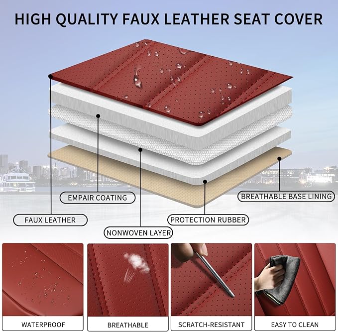 COVER EMPIRE Red Car Seat Covers Full Set, Universal Leather Seat Cover for Cars 5 Seats, Waterproof and Breathable Automotive Seat Cover Front and Rear Seat Covers for Most Trucks, Sedans, SUVs