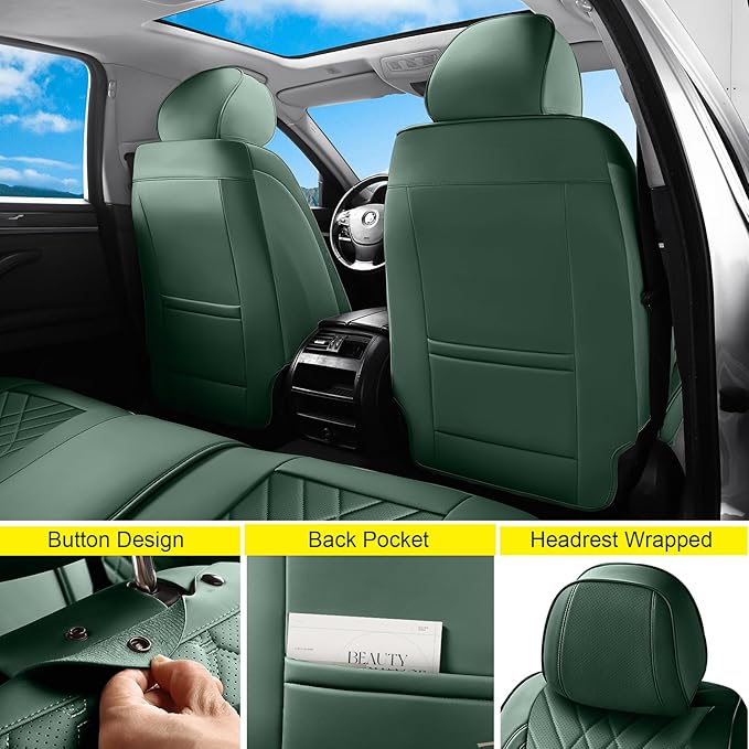 GEZHOUBA Green Car Seat Covers Full Set, Full Coverage Luxury Leather Green Seat Covers for Front and Rear Car Seats Waterproof Anti-Slip Cover Set Universal Fit for Most 5-Seater Cars SUVs