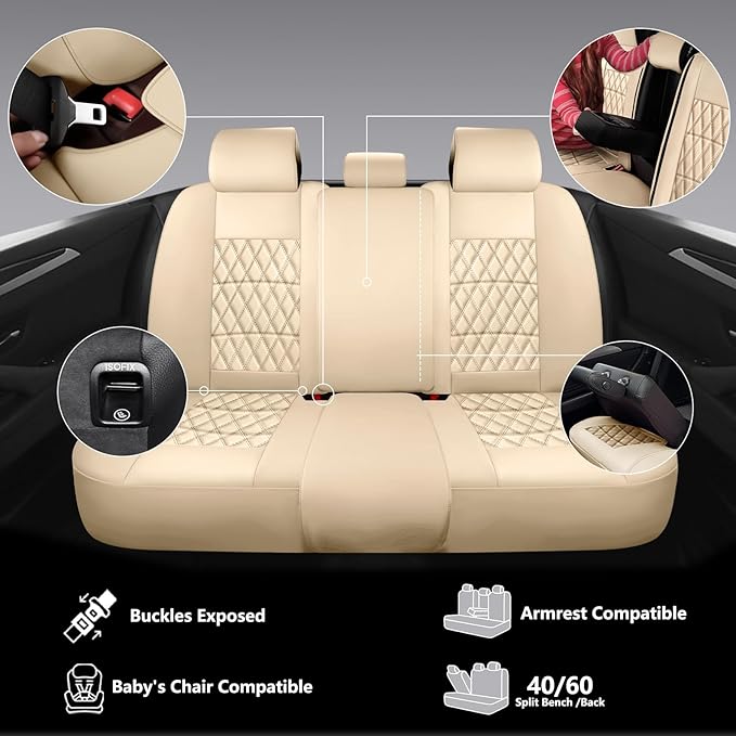 NS YOLO Leather Car Seat Covers,Universal Fit for Most Cars,SUVs and Sedans,Waterproof Luxury Leatherette Cushions, 5 Seats Protectors (Beige, Full Set-5 Seats(Front and Rear))