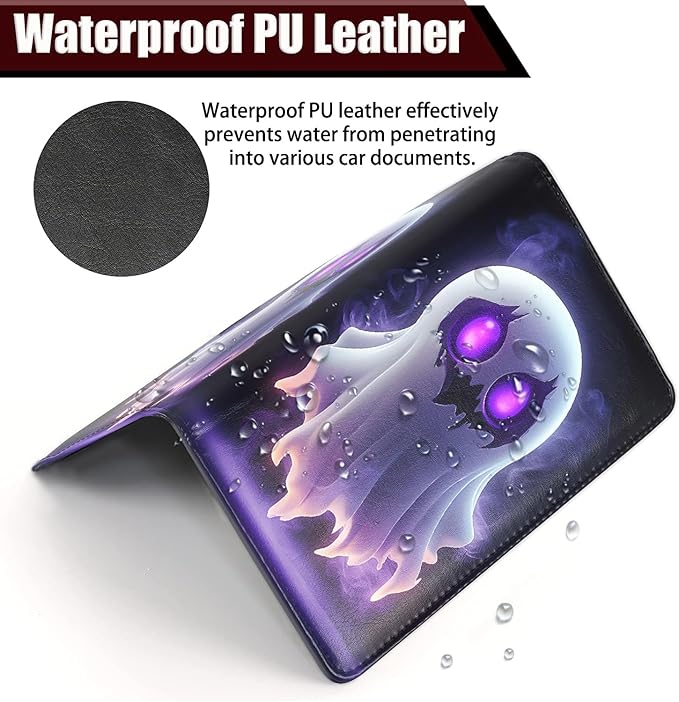 Car Registration Holder, PU Leather Vehicle Glove Box Organizer for Driver License, Document, Car Insurance Holder with Magnetic Shut, Auto Paperwork Wallet Case Accessories, Cute Ghost Pattern