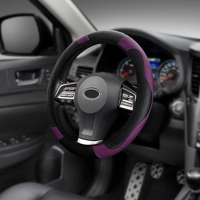 Car Steering Wheel Cover, Steering Wheel Protector, 15 inch Durable Leather Cover with Anti-Slip Lining, Universal Carbon Fiber Microfiber Leather Car Accessories for Most Cars (Black&Purple)