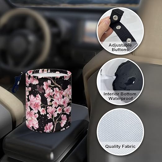 Brosoneto Cute Cherry Blossom Car Trash Can Reusable Foldable Hanging Portable Dustbin Bin for Back Seat, Front Console, Floor, or Hanging Headrest Waste Basket