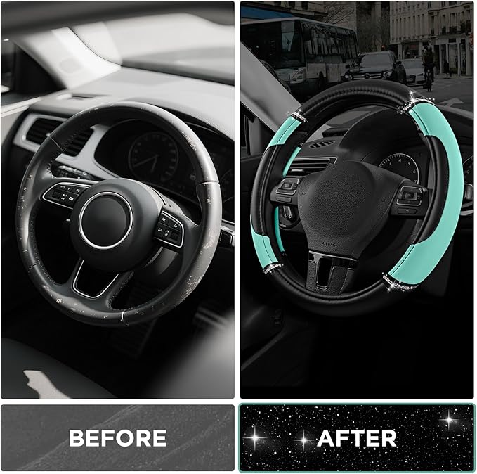 Road Comforts Leather Steering Wheel Cover - Made with PVC Leather - Anti-Slip, Universal Fit 14 1/2 inches to 15 inches - Mint