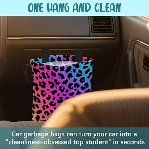 KXWQTRDD Car Garbage Bag Rainbow Cheetah Leopard Print Drawstring Car Trash Bag Hanging for Back Seat with Adjustable Buckle Canvas Vehicle Trash Can Easy-to-Install