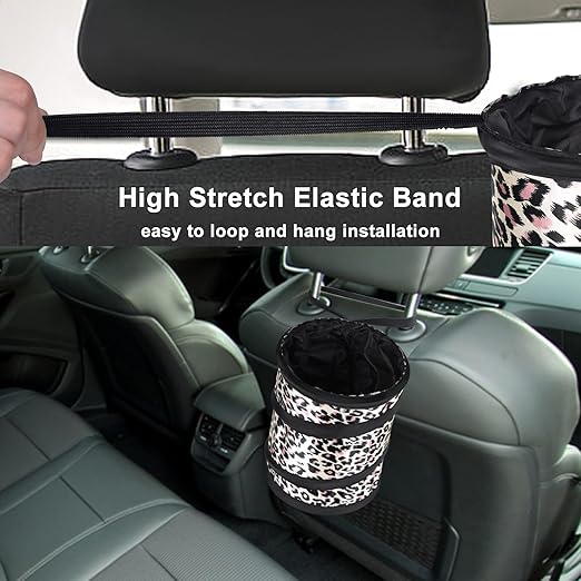 Kincown Car Trash Can, 2 Packs Mini Collapsible Car Trash Bin for Front Back Seat, Pop up Car Garbage Can, Portable Car Trash Bag Hanging for Vehicle SUV Rv Truck Accessories Interior, Leopard Print