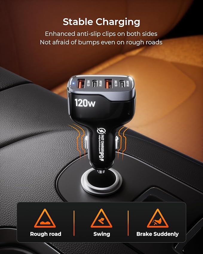 USB C Car Charger, 120W 4 Ports Super Fast Car Charger Adapter, Dual USB-C & USB-A PD60W/QC30W Fast Charging Cigarette Lighter for iPhone 17/16/15/14/13, Samsung Galaxy S25 Ultra/S24, Pixel, Android