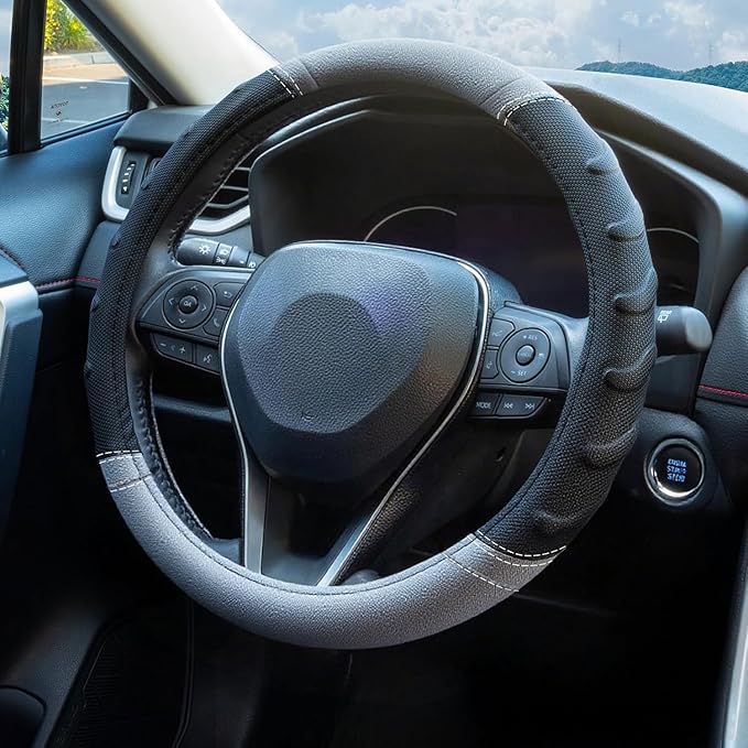 Grey Truck Steering Wheel Cover with Breathable Grip, Premium Faux Leather, Universal fit for Full Size Trucks and SUVs with Steering Wheel Size 15.5" to 16"