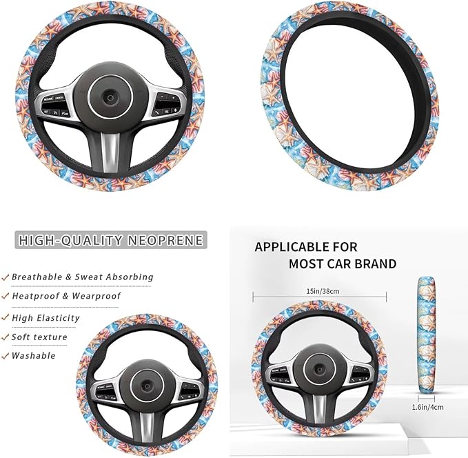 Starfish & Seashells 6pcs Car Steering Wheel Cover Set Car Armrest Cover Handbrake Coer Auto Interior Sets for Men Women Fit for Trucks Vans Suvs