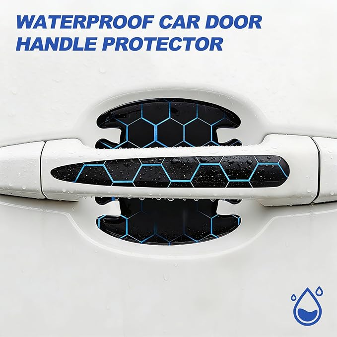 8 Pcs Car Door Handle Sticker, 3D Honeycomb Pattern Car Door Cup Protector, Universal Anti Scratches Auto Doors Handle Protective Film (Black Blue)