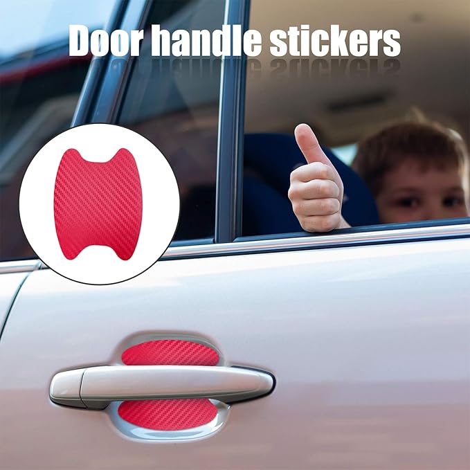 Kewucn 4PCS Car Handle Sticker, Carbon Fiber Auto Door Handle Protective Films, Anti-Scratch Vehicle Cup Protector, Universal Exterior Accessories for Most Cars (Red)