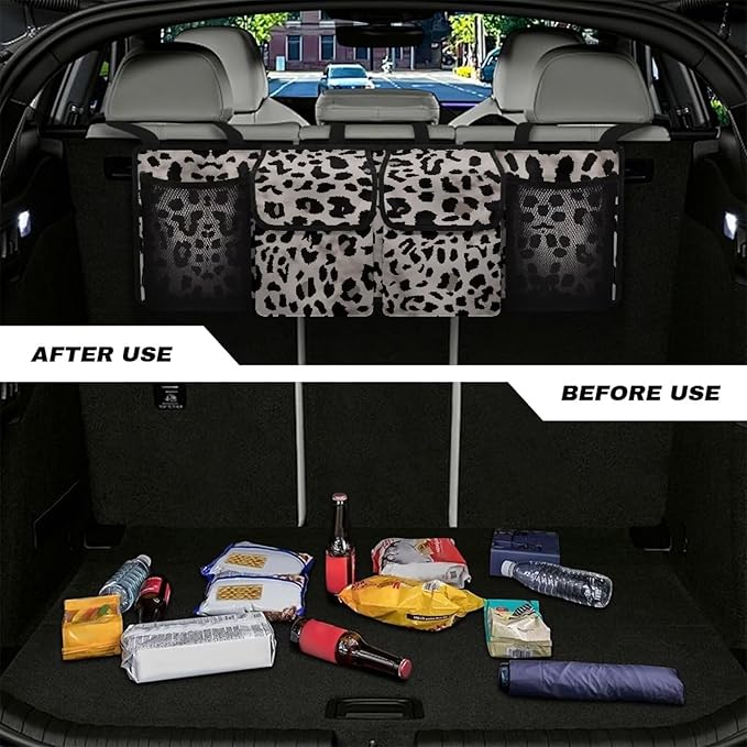 SEANATIVE Black Leopard Print Car Trunk Organizer, Hanging Trunk Organizer for SUV, Backseat Car Organizer with 4 Large Compartments, Car Accessories Interior, Space Saving Expert