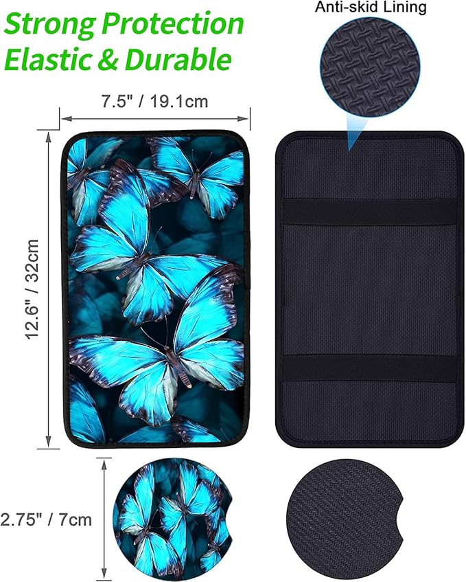 JANENFNA Car Armrest Cover Pads Universal Fashion Cute Auto Center Console Armrest Cover Pad with 2PCS Car Coasters Soft Waterproof Car Armrest Seat Protector for Women,Blue Butterflies