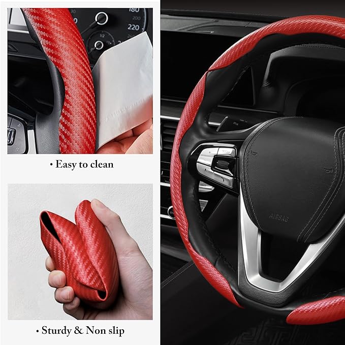 Carbon Fiber Steering Wheel Cover Anti-Slip Wrap Snap on Car Steering Wheel Accessories Grip 15 inch Universal 3pc Matte Red