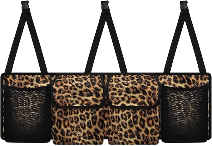 SEANATIVE Brown Leopard Car Trunk Organizer, Large Capacity Car Organizer SUV, Equipped with Robust Elastic Net, Hanging Car Storage Organizer with Lids, Space Saving Expert