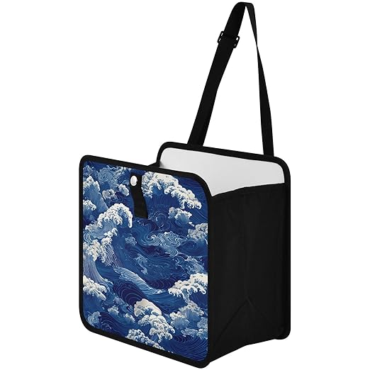 Car Trash Can Organizer Bin with Adjustable Strap for Back Front Seat Console Waterproof Leakproof Collapsible Portable 8.66 Inch Blue Ocean Waves