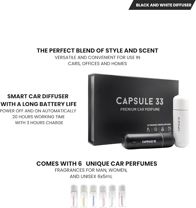 Capsule 33 Car Perfume Starter Pack, Car Air Freshener, Ultrasonic Aroma Diffuser, 6 Fragrances (White Crystal, Red Diamond, East Gold, Ocean Blue, Sweet Cherry, Light Pink) (Black)