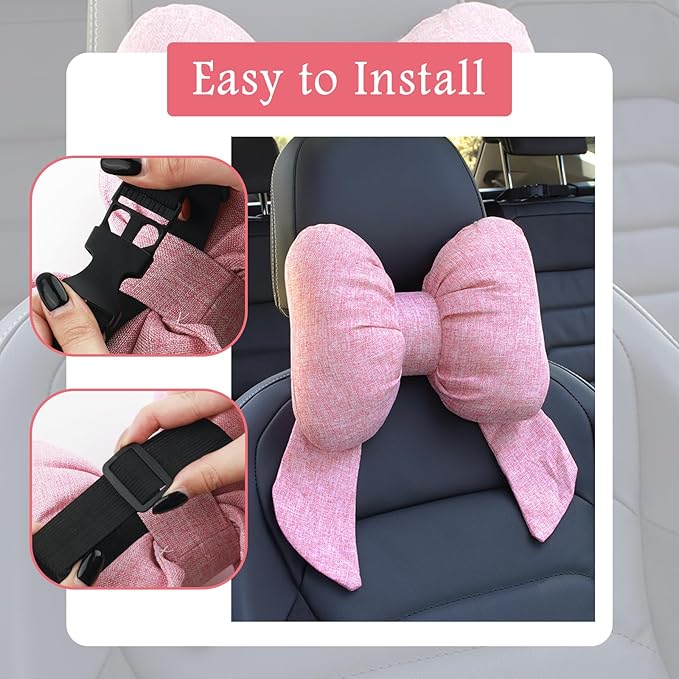Cute Bow Car Headrest Pillow,Comfortable & Breathable Car Neck Pillows for Relief Neck Fatigue,Universal Head Rest Pillow for Cars Decoration as Birthday Gifts for Women,Girl (Black)