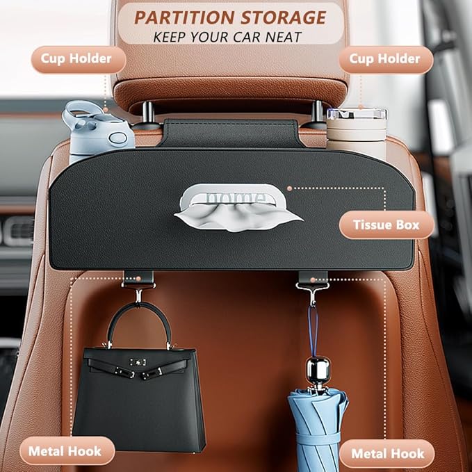 Tumecos Car Seat Back Storage Box,Backseat Organizer with Cup Holder, Large Capacity Car Storage Box, Waterproof Drink Holder,Rear Seat Storage Pocket Universal for Most Vehicles