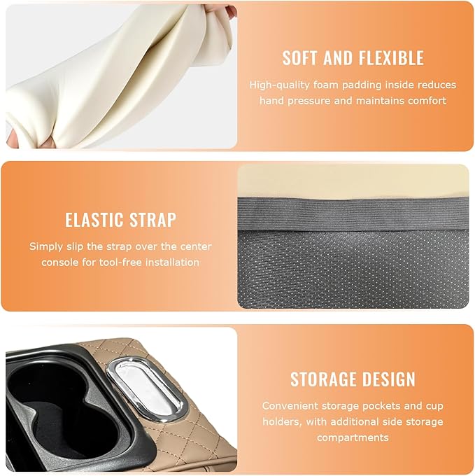 Car Center Console Armrest Pillow, 5-in-1 Armrest Cushion w/ 2 Side Bags, Tissue Box Slot, Cup & Phone Holder, Multifunctional Leather Arm Rest Cover Storage Organizer (Beige, Embroidered)