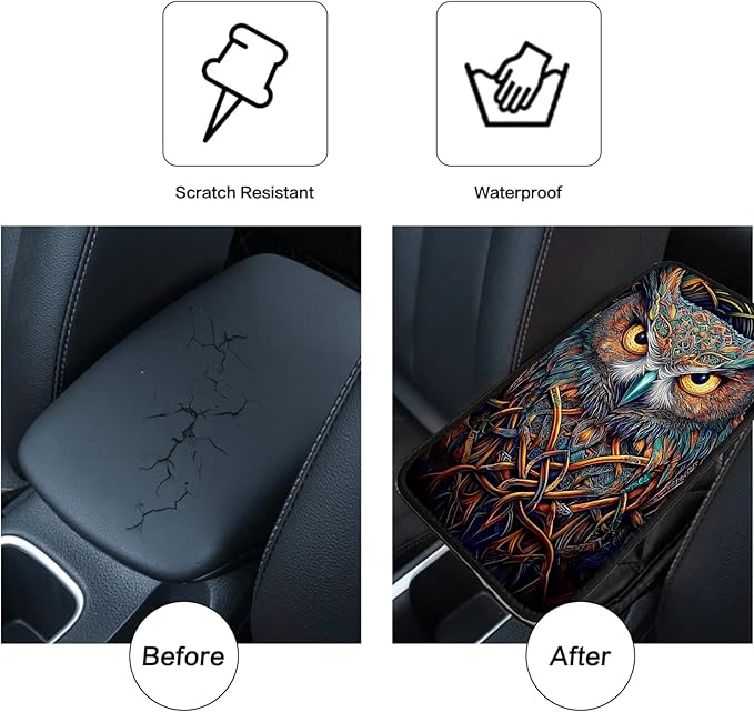 JANENFNA Car Armrest Cover Pads Universal Fashion Cute Auto Center Console Armrest Cover Pad with 2PCS Car Coasters Soft Waterproof Car Armrest Seat Protector for Women,Colorful Owl