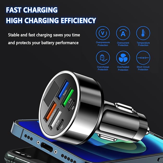 6 Ports Fast Car Charger + Car Push Start Button Cover,Car Cigarette Lighter USB Charger (PD+QC3.0) Compatible with iphone13/14/15 & Most Android Models,Car Must Haves USB C Car Charger